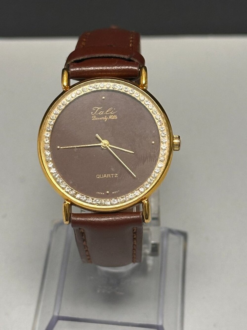 VTG. Tali Bevelry Hills Watch Women Gold Tone Brown Dial Leather Band 9"